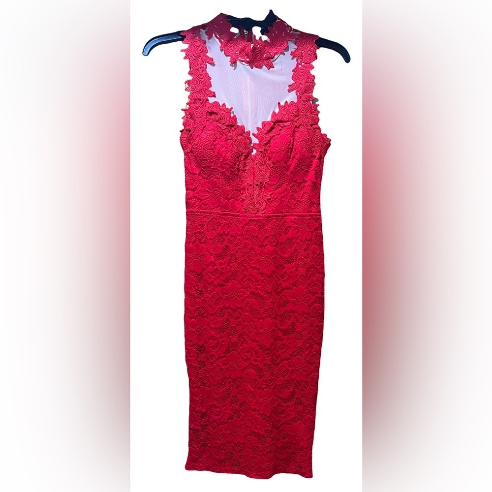 Elegant Red Lace Knee-Length Dress with Zippered Back and Floral Pattern